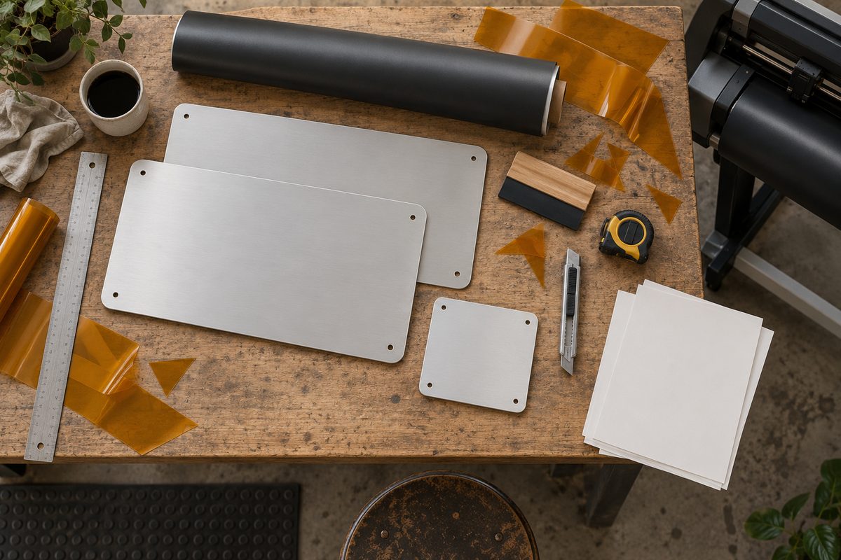 Fra oversiden ligger blanke metallplater, vinylruller, skjæreverktøy og målebånd ordnet på et slitt skiltmakerbord.