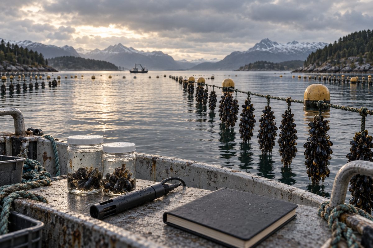 Prøveglass med blåskjell og måleutstyr står i en arbeidsbåt foran blåskjelliner i en norsk fjord.