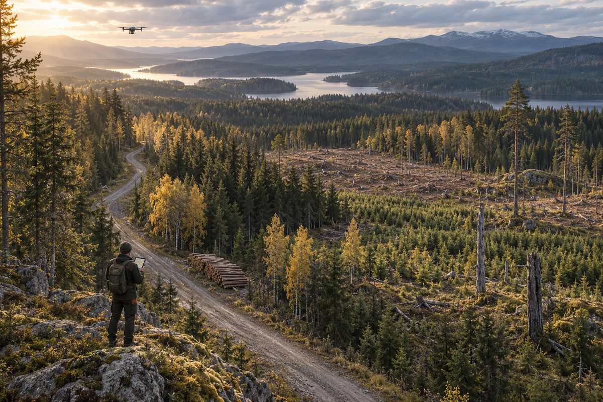 En skogbruksarbeider med nettbrett står ved en skogsvei og ser ut over hogstfelt, ungskog og vidstrakt barskog.