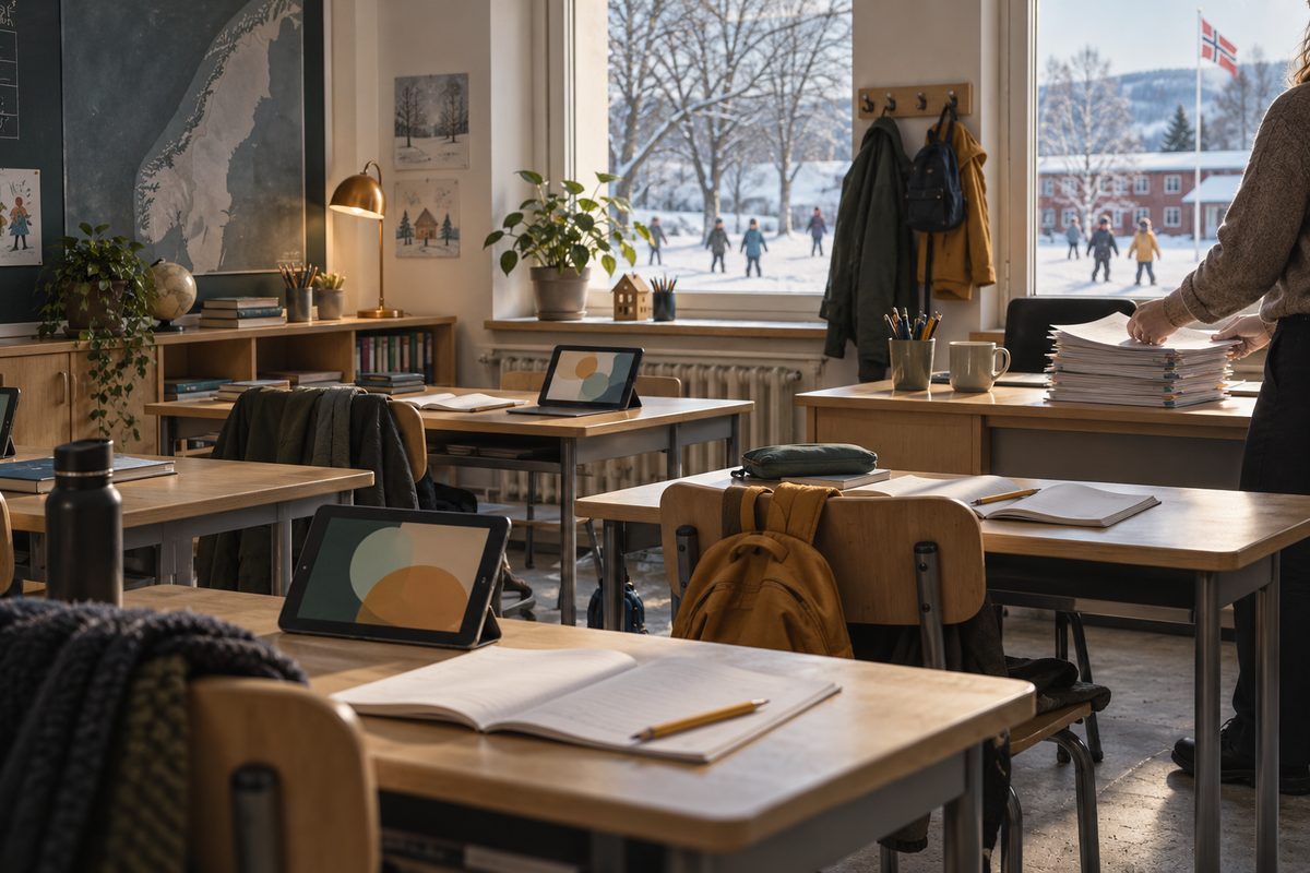 Et lyst norsk klasserom med nettbrett, åpne skrivebøker og rettearbeid ved vinduet mot en snødekt skolegård.
