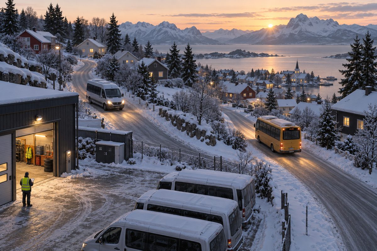 Skolebusser og minibusser kjører ut fra et depot i en snødekt norsk by ved soloppgang, mens en sjåfør står ved garasjen.