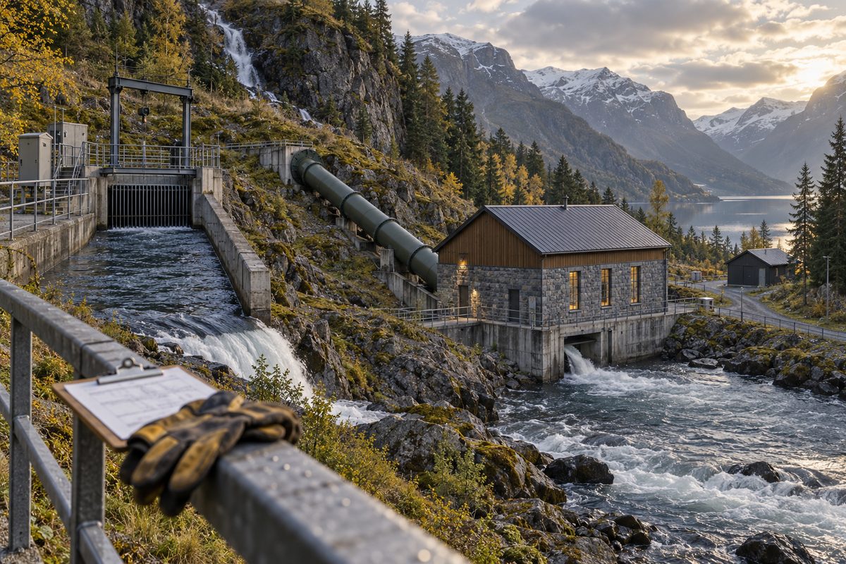 Et lite kraftverk fører vann gjennom en norsk fjelldal, mens arbeidshansker og inspeksjonsark ligger på rekkverket foran.