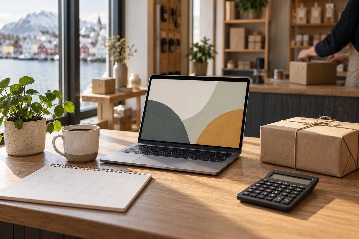 En liten norsk butikk drives fra et lyst arbeidsbord med laptop, innpakket vare, kalender, kalkulator og utsikt mot havnen.