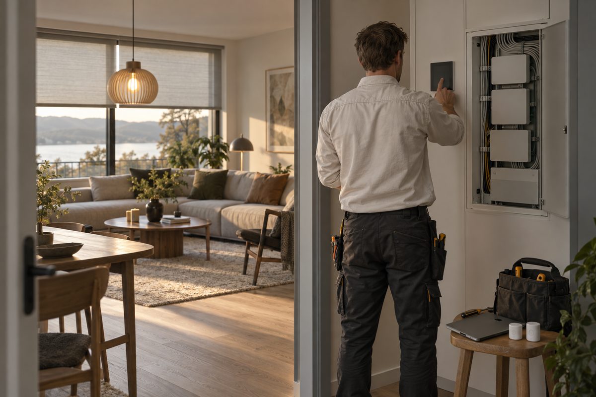 En installatør sett bakfra betjener et veggpanel ved et åpent styringsskap, med verktøy og sensorer på en krakk.