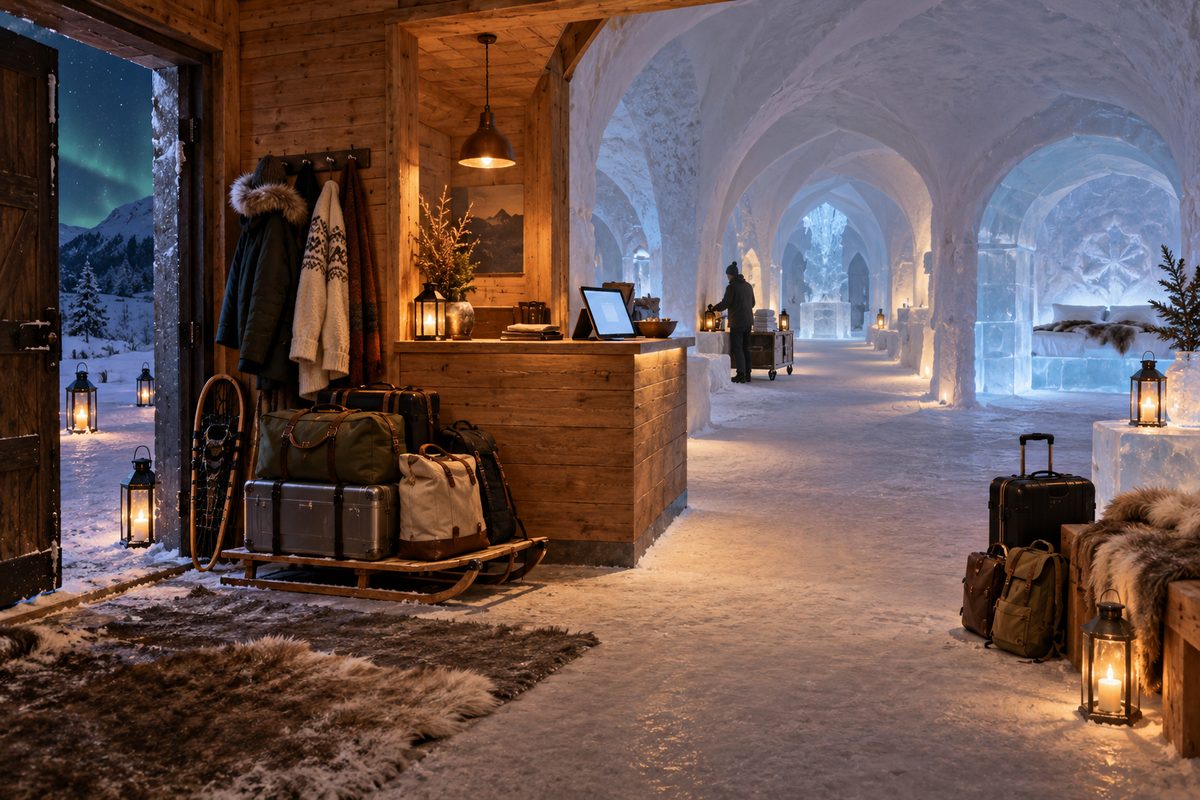 En varm resepsjon med gjestebagasje åpner mot en lang, blåhvit korridor av snø og is.