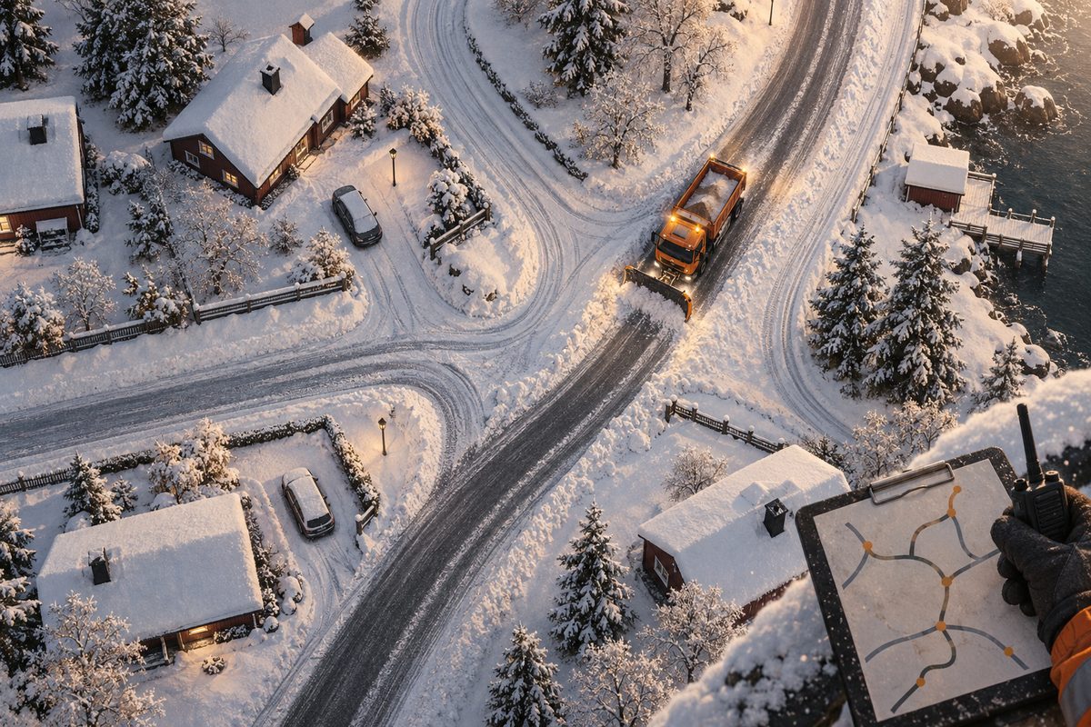 En brøytebil rydder en vintervei gjennom et snødekt bygdetun, mens en hånd holder et enkelt rutekart.