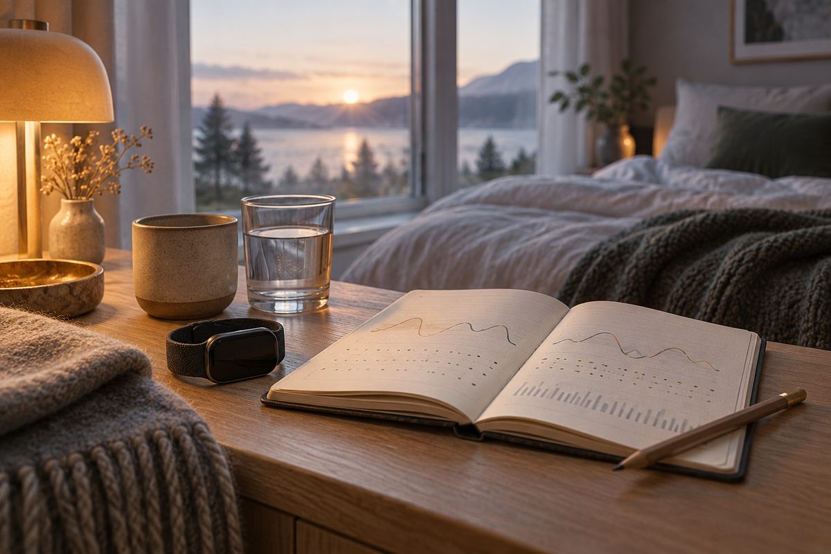 Søvnmåler og åpen søvndagbok med enkle kurver ligger ved sengen mens morgensolen stiger over fjorden.