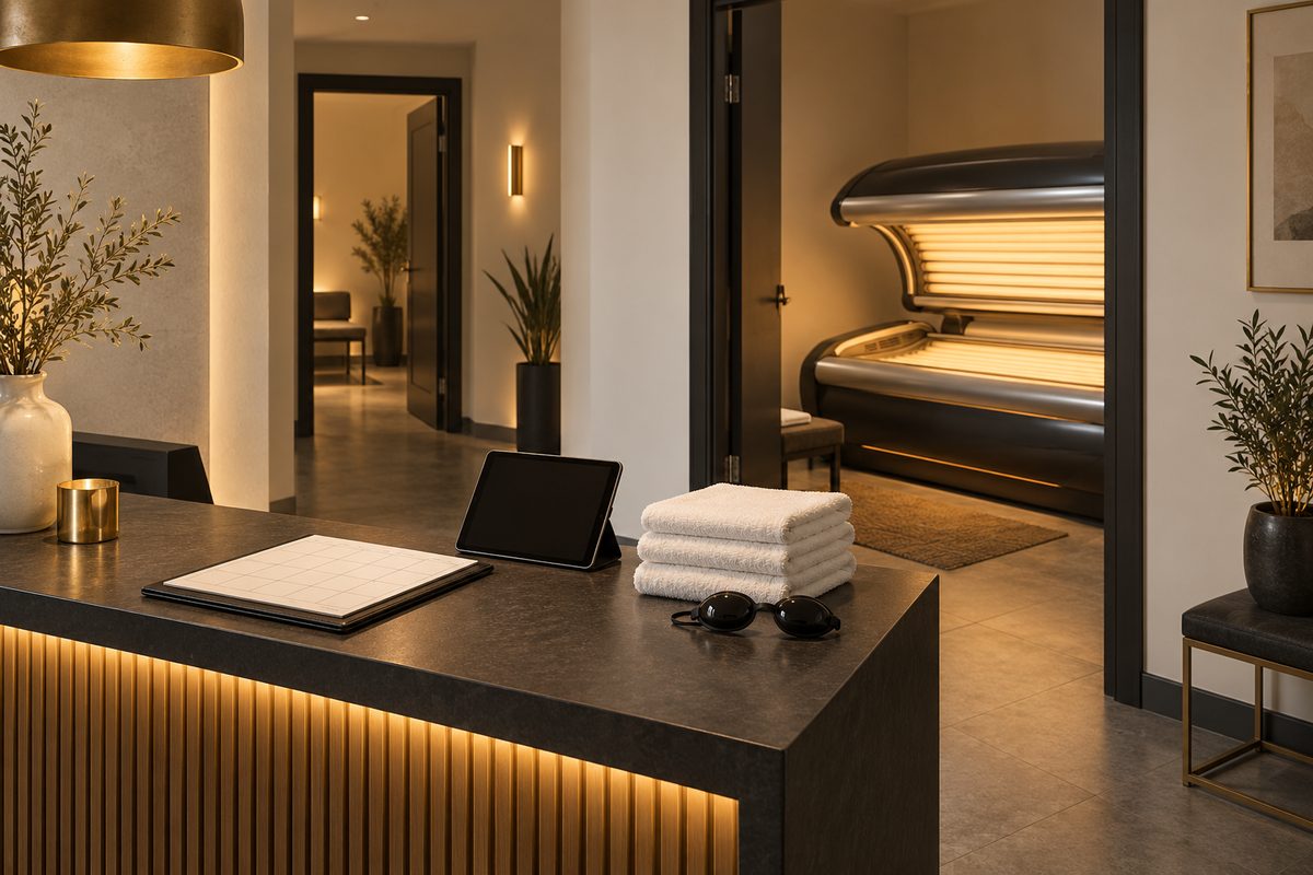 En mørk bookingskranke med nettbrett, timeplan, håndklær og beskyttelsesbriller vender mot et solarium med varmt lys.