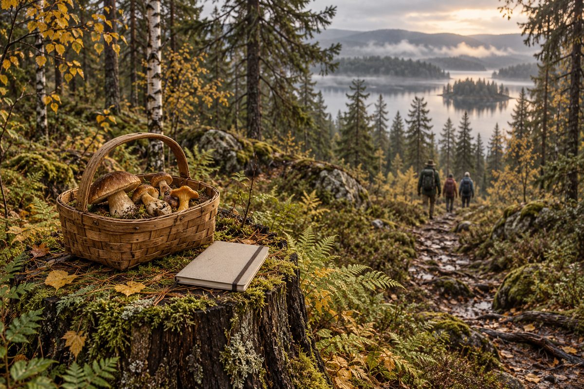 En kurv med sopp og lukket notatbok står på en mosegrodd stubbe mens tre turgåere går langs stien ved en norsk skog.