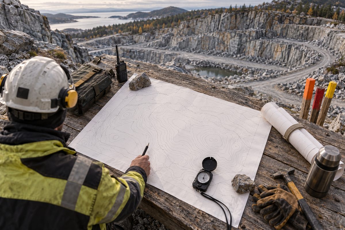 Et feltbord med hjelm, radio og kartskisse står ved en norsk steinbruddsvegg med sikkerhetsstaker.