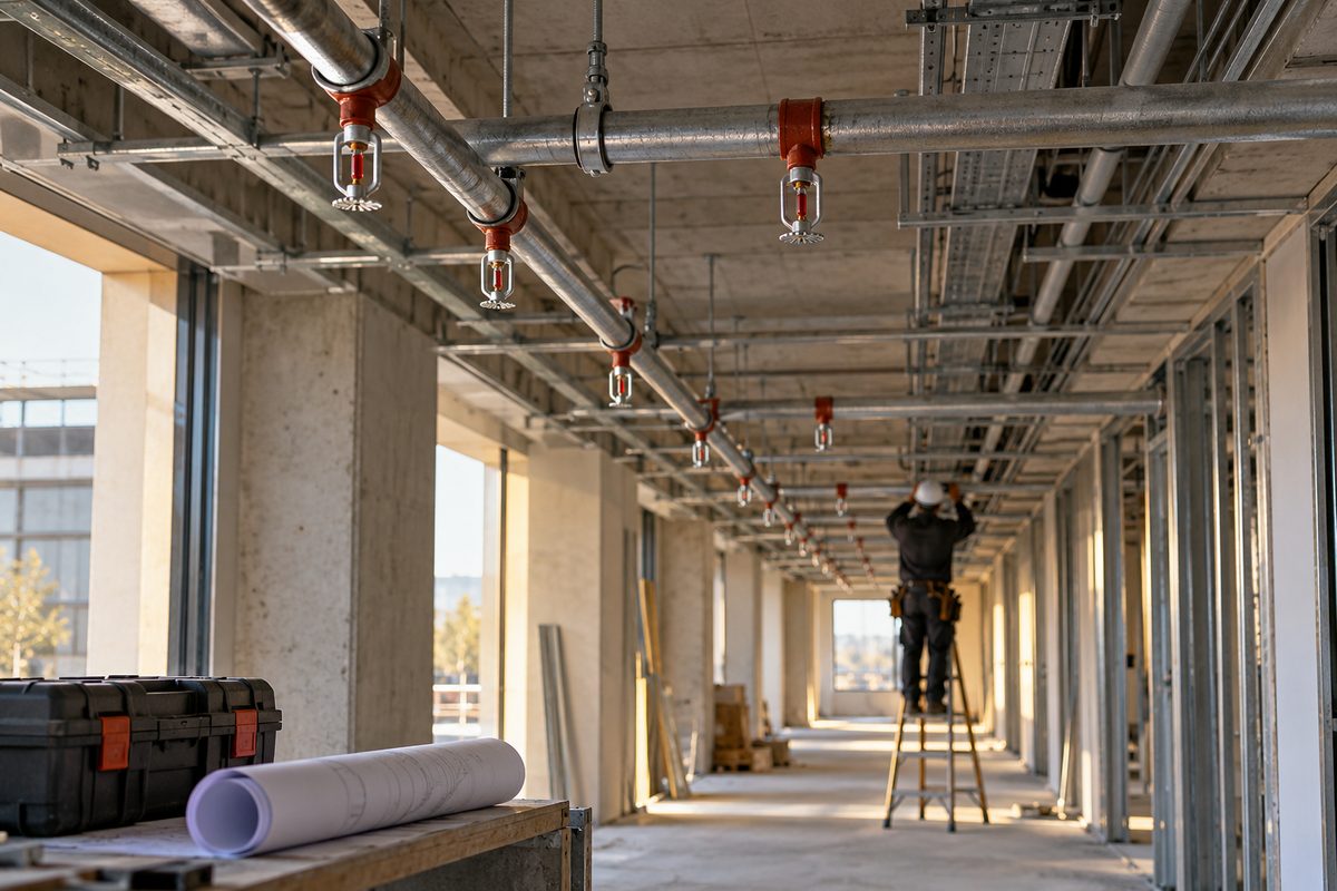 Sprinklerør og hoder følger taket i en råbygget korridor mens en montør undersøker arbeidet fra en stige.