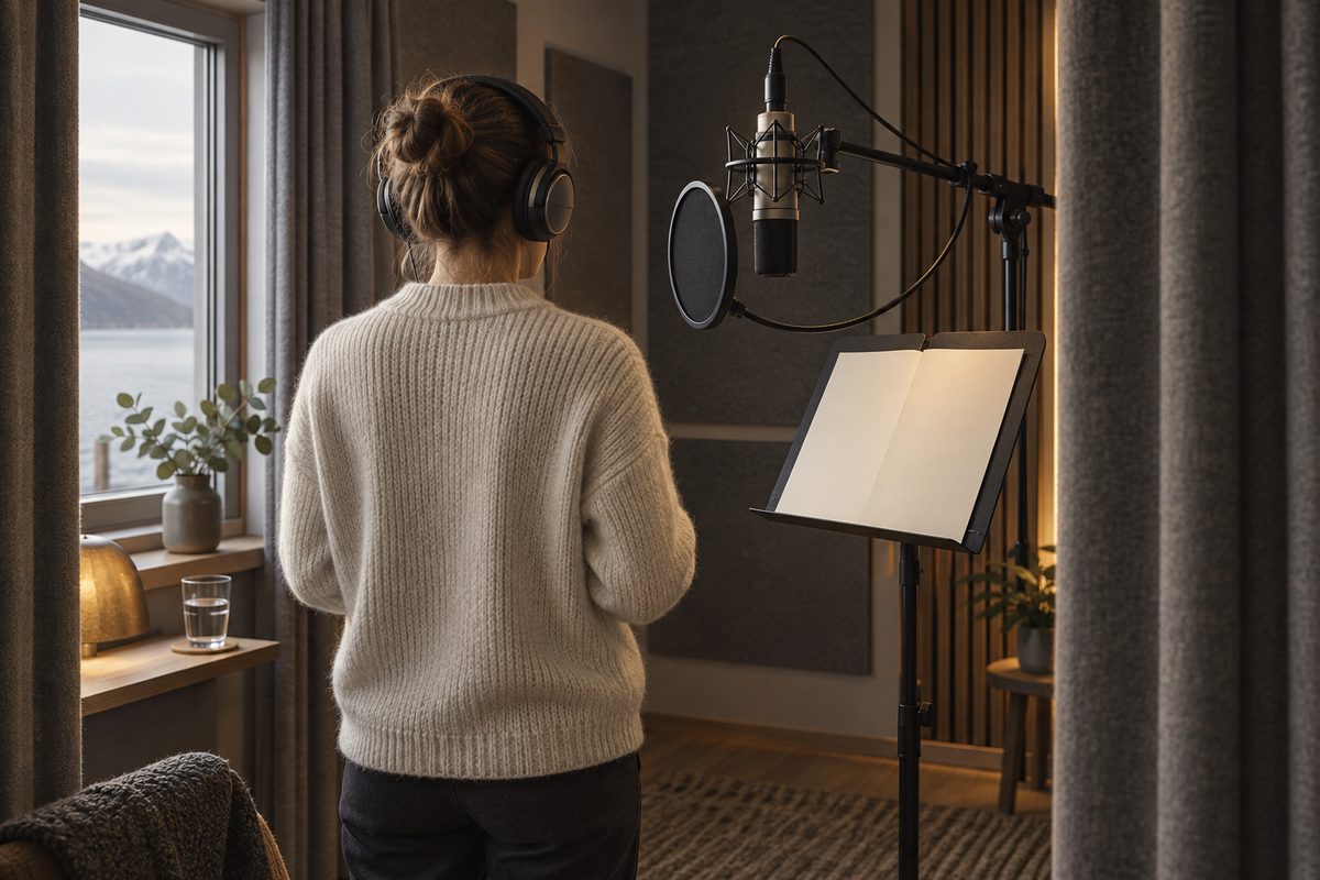 En stemmeskuespiller sett bakfra med hodetelefoner foran mikrofon, popfilter og manusstativ i et lite opptaksrom.