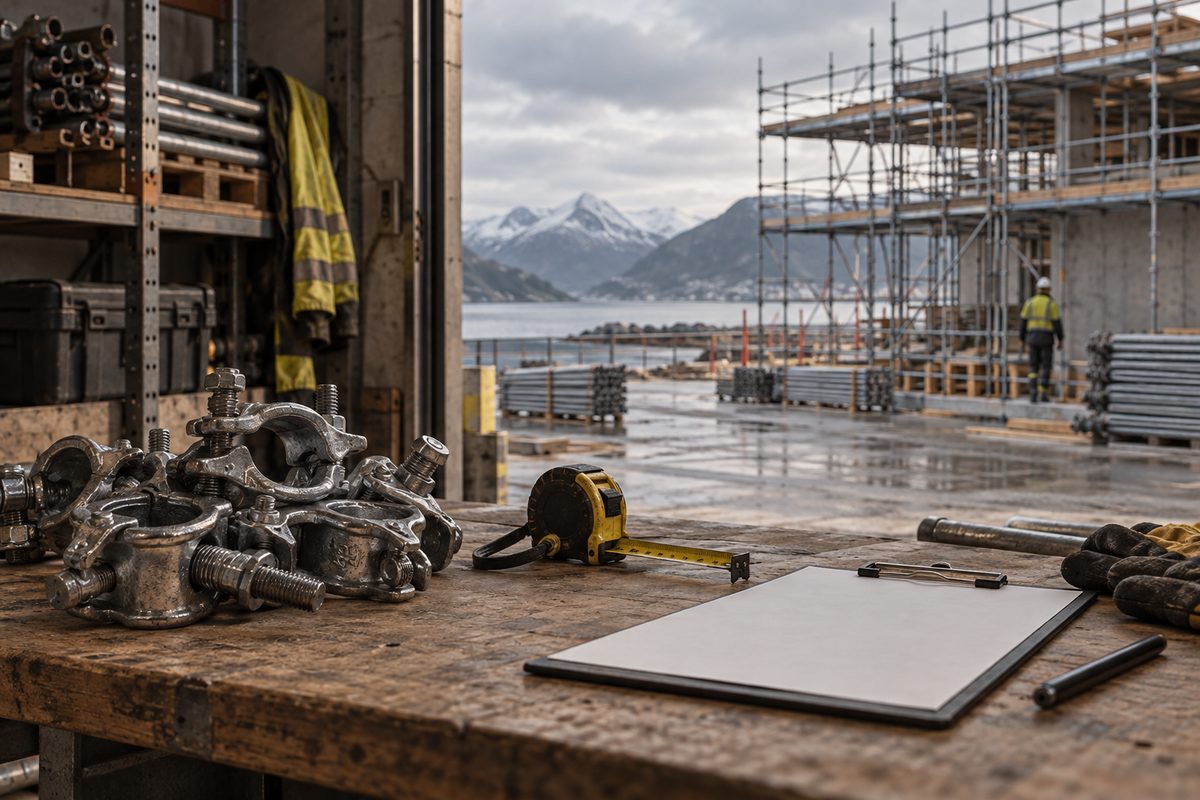 Stillasdeler, målebånd og tomt skjema ligger på en arbeidsbenk foran et stillas ved fjord og fjell.