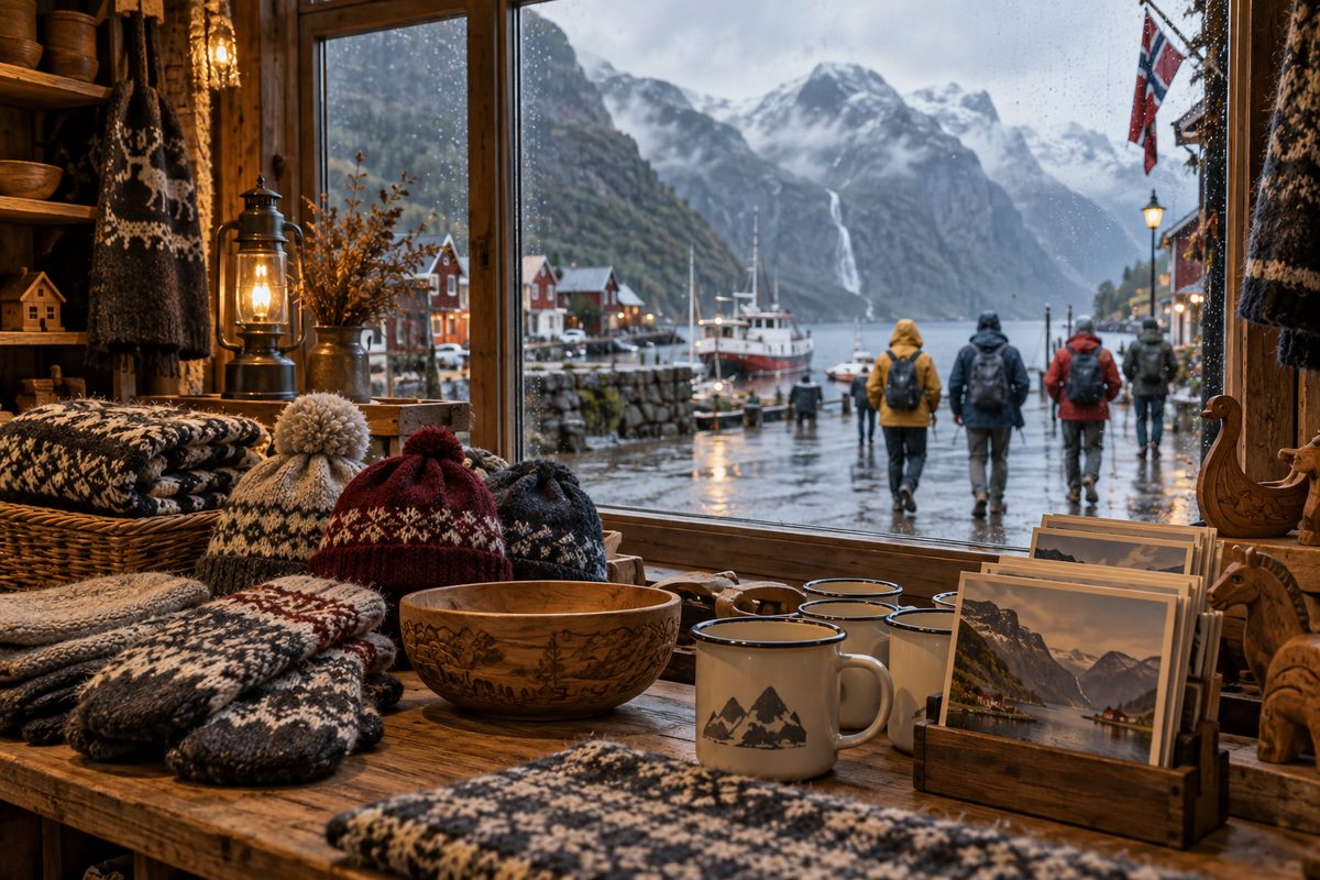 Strikkede luer og votter, trekopper og bildekort står i butikkvinduet mot en fjordhavn med turister.