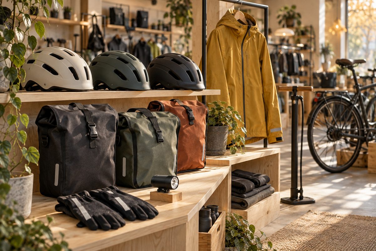 Hjelmer, vanntette sykkelvesker, hansker og regnjakke står utstilt i lyse trehyller ved en sykkel i butikken.