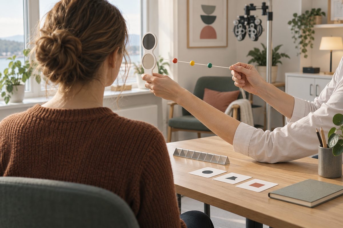 En ortoptist holder en farget perlesnor foran en pasient bakfra under synstrening ved et lyst klinikkbord.