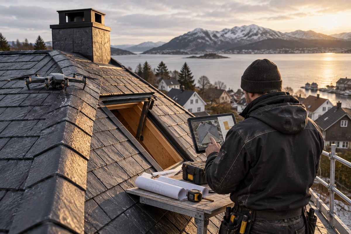 En drone og måleverktøy ligger ved et skifertak mens en håndverker studerer en takskisse på nettbrett.