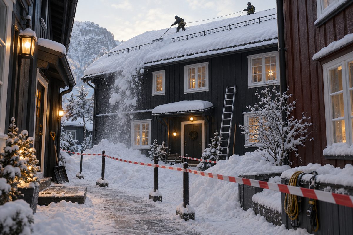 Arbeidere i silhuett fjerner snø fra et bratt hustak med takrive over en avsperret vintergård.