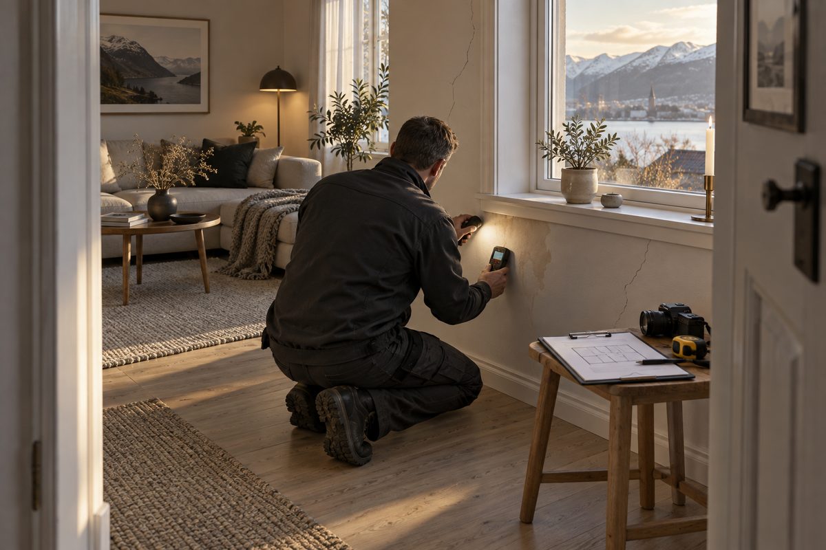 En takstingeniør måler en vegg ved et vindu med fuktmåler, lommelykt og rapportmappe i rommet.