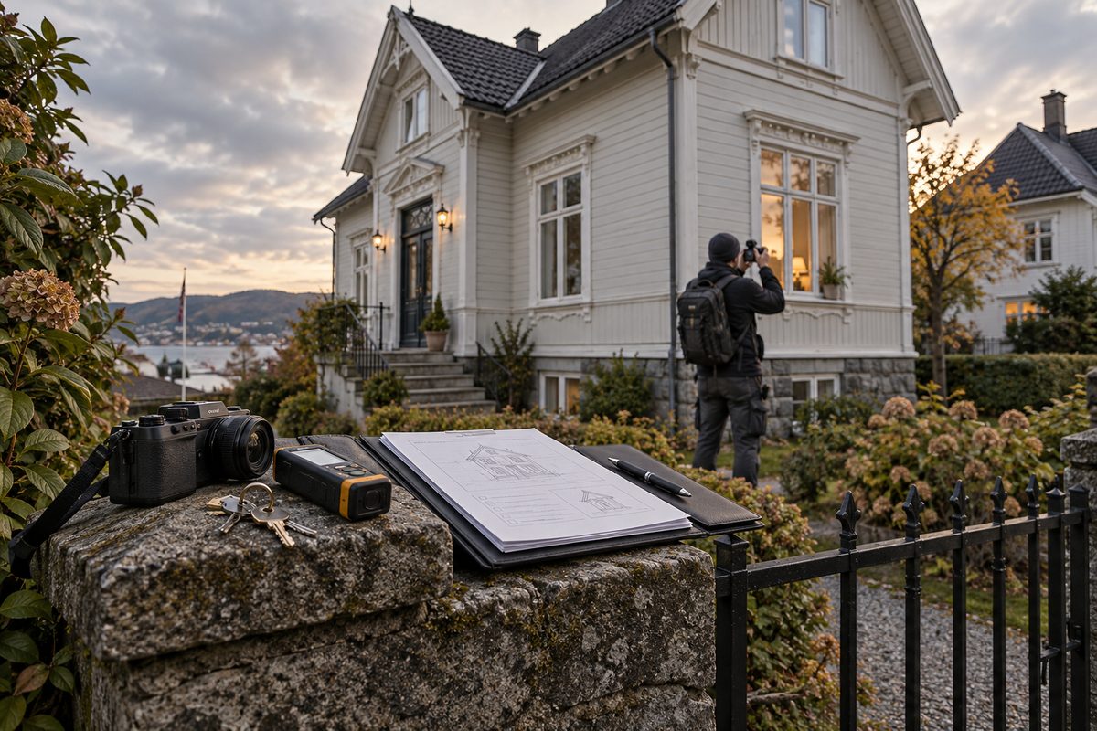 En bygningssakkyndig fotograferer et eldre trehus, mens måleutstyr og rapportmappe ligger på en steinmur.