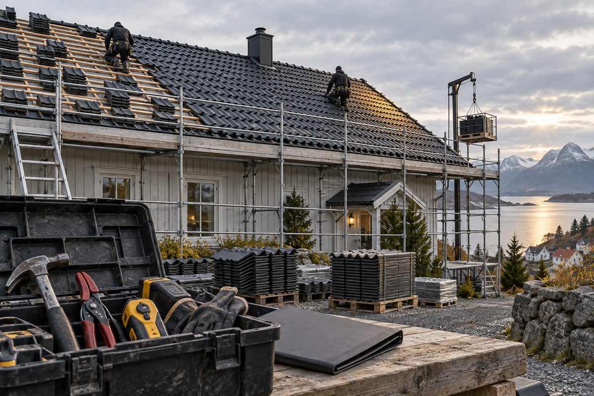 Taktekkerne legger mørke takstein på et hus med stillas, mens verktøy og en lukket arbeidsmappe står i forgrunnen.