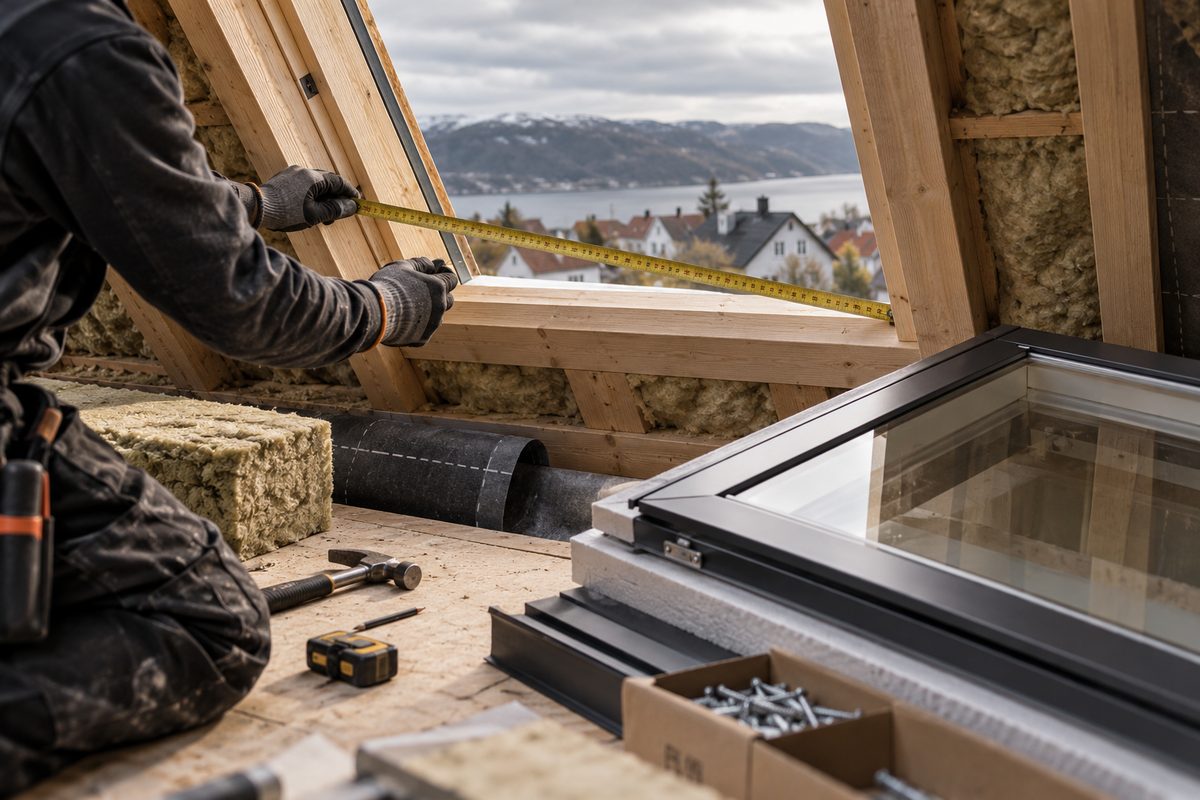 Montørens hansker måler en takåpning med målebånd, mens karm, isolasjon og verktøy ligger klare i et nordisk loft.
