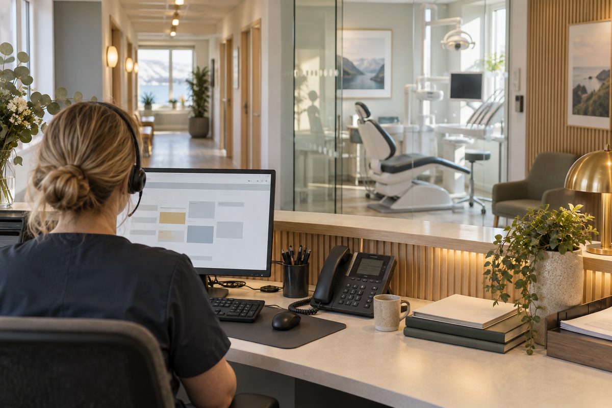 En tannlegesekretær sett bakfra koordinerer arbeidet ved resepsjonen med skjerm, telefon og behandlingsrommet bak glassveggen.