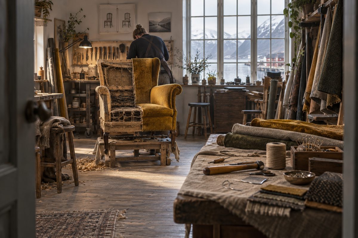 En møbeltapetserer arbeider bakfra med en gammel lenestol, delvis avkledd og delvis kledd i gyllent stoff, i et lyst verksted.