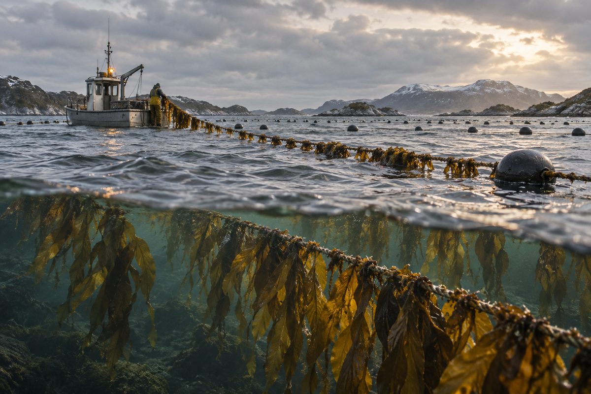 En arbeidsbåt følger dyrkingsliner med sukkertare i kaldt norsk fjordvann under lave kystfjell.