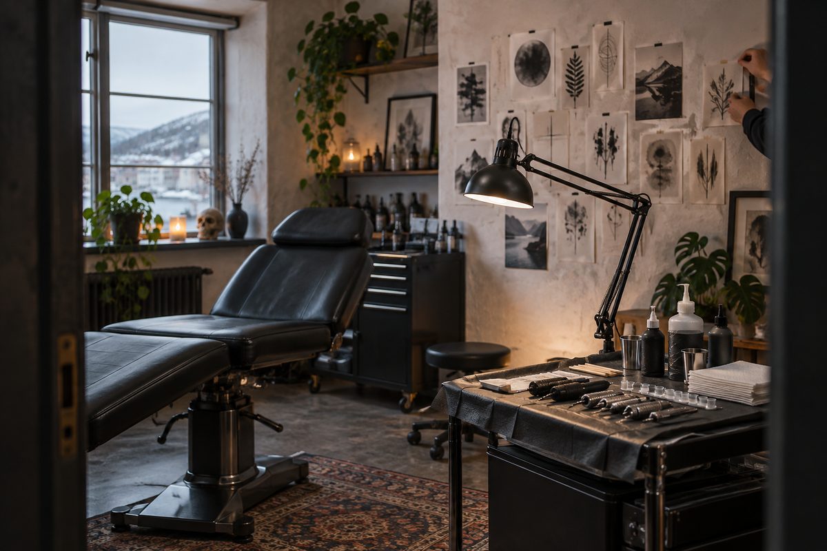 Et tatoveringsstudio står klart mellom kunder, med sort stol, arbeidslampe, sterile redskaper og motivskisser på veggen.