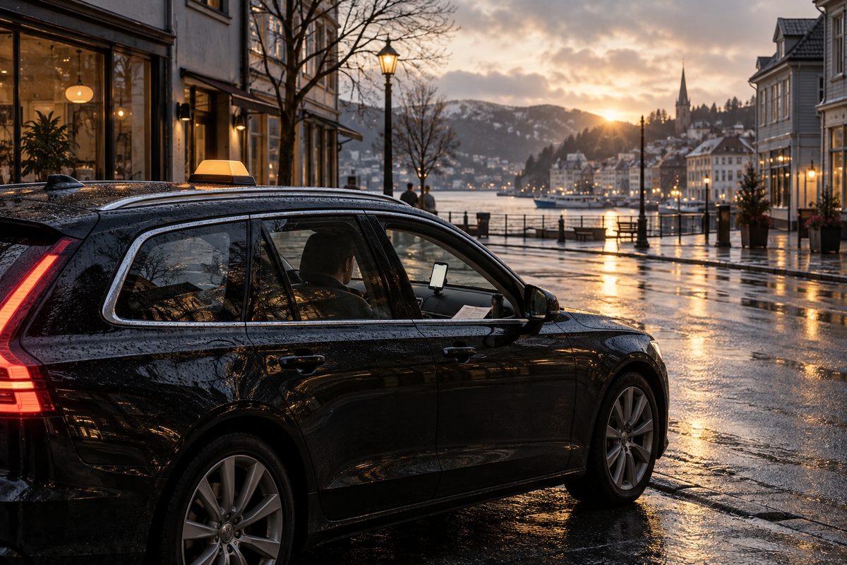 En mørk, umerket taxi står på våt brostein ved en norsk havneby mens morgensolen lyser mellom husene.