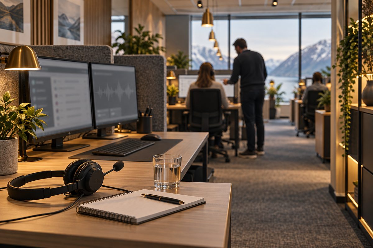 Et headset og en tom notatbok står foran skjermer i et rolig kontor, der en kollega veileder en medarbeider.