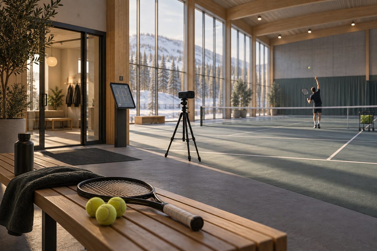 Racket og tennisballer ligger på en benk i en lys hall, der et kamera filmer en spiller på banen.