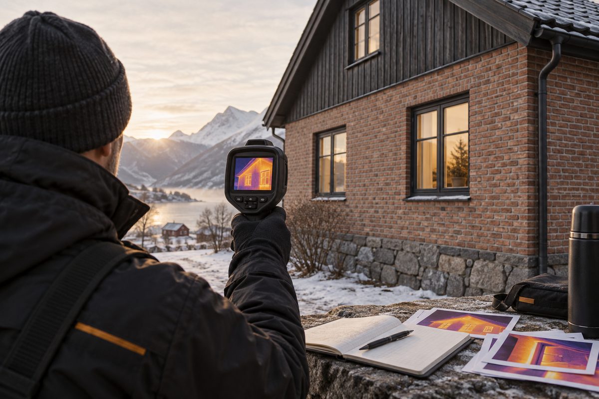 En termograf undersøker en murvilla med håndholdt varmekamera, mens åpne notater og termografibilder ligger på steinhellen.
