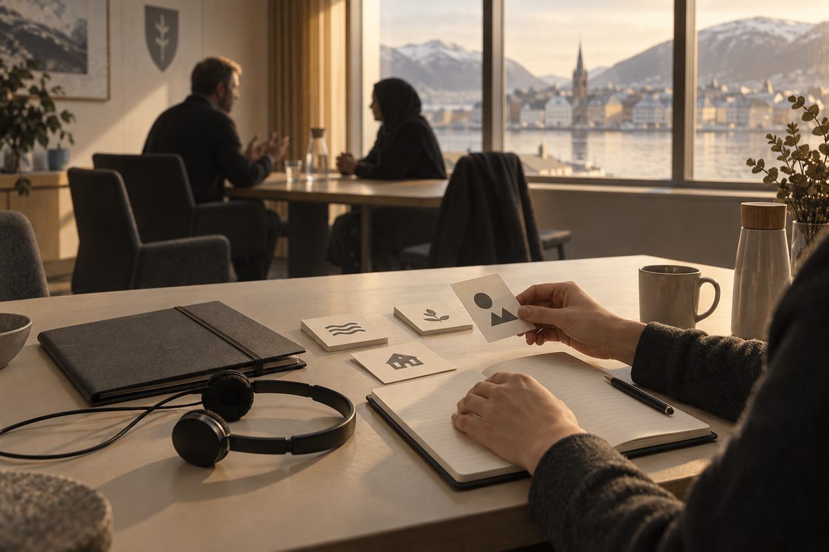 En tolk forbereder seg med notatbok, kort og headset mens to personer møtes ved et bord foran et nordisk byvindu.