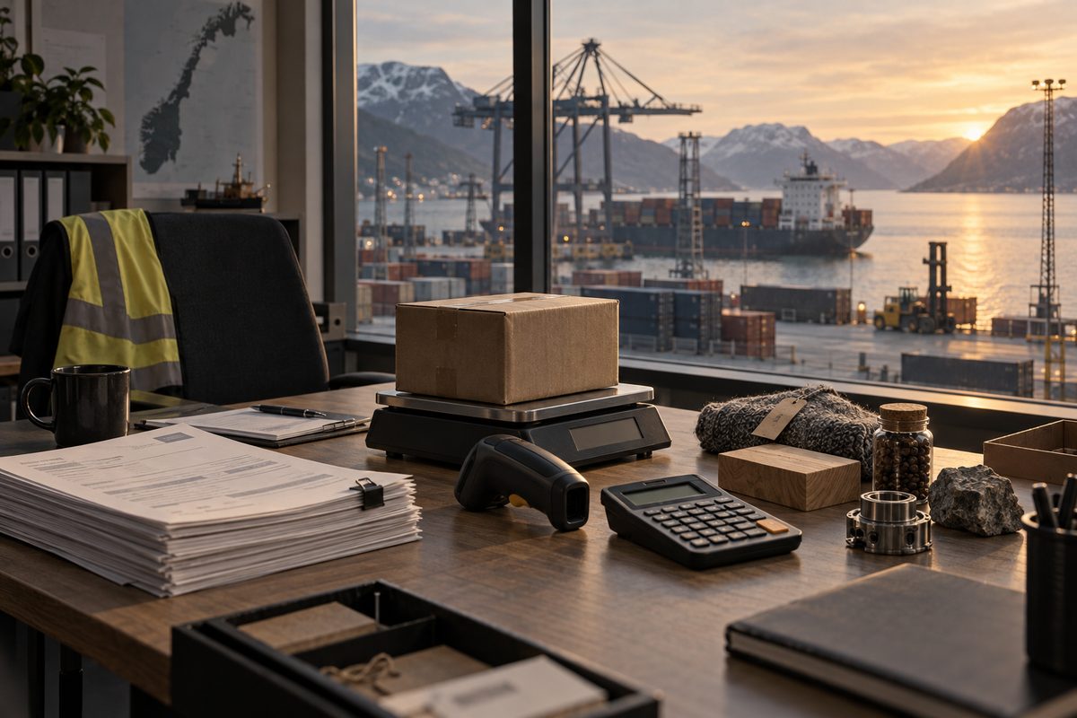 Tolldokumenter, pakke, vekt og skanner fyller skrivebordet med utsikt over en norsk containerhavn i kveldssol.