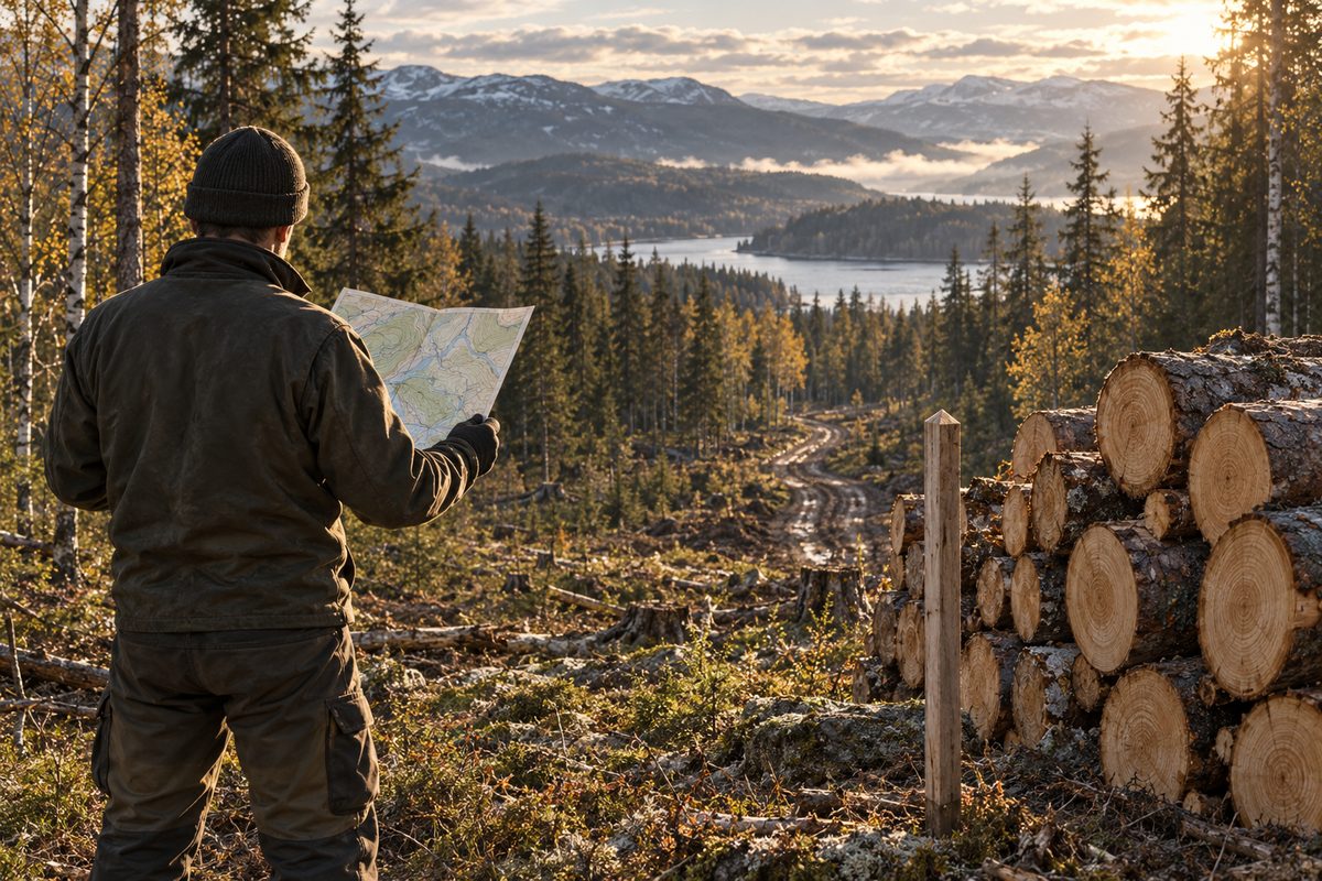 En skogsarbeider studerer et kart ved siden av tømmerstokker, med hogstspor og norske fjell og granskog i bakgrunnen.