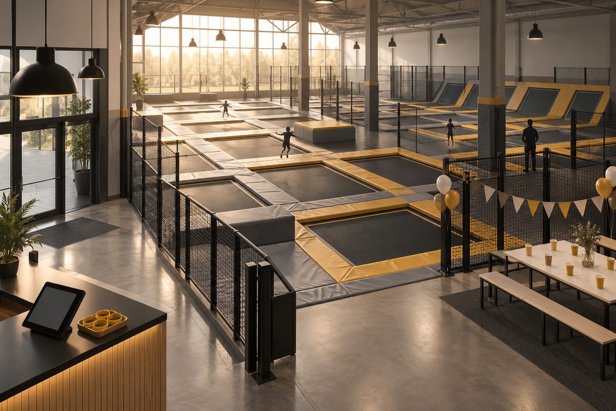 Rektangulære trampolineflater med sikkerhetskanter fyller en lys hall, ved siden av resepsjon og et enkelt bursdagsbord.