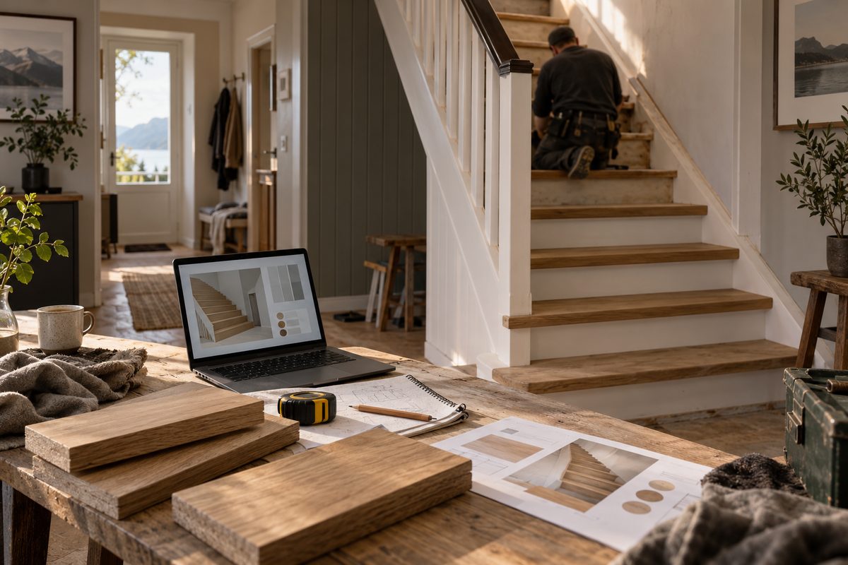 Trestykker, målebånd og tegninger ligger på arbeidsbordet foran en trapp under renovering, mens en håndverker arbeider i bakgrunnen.