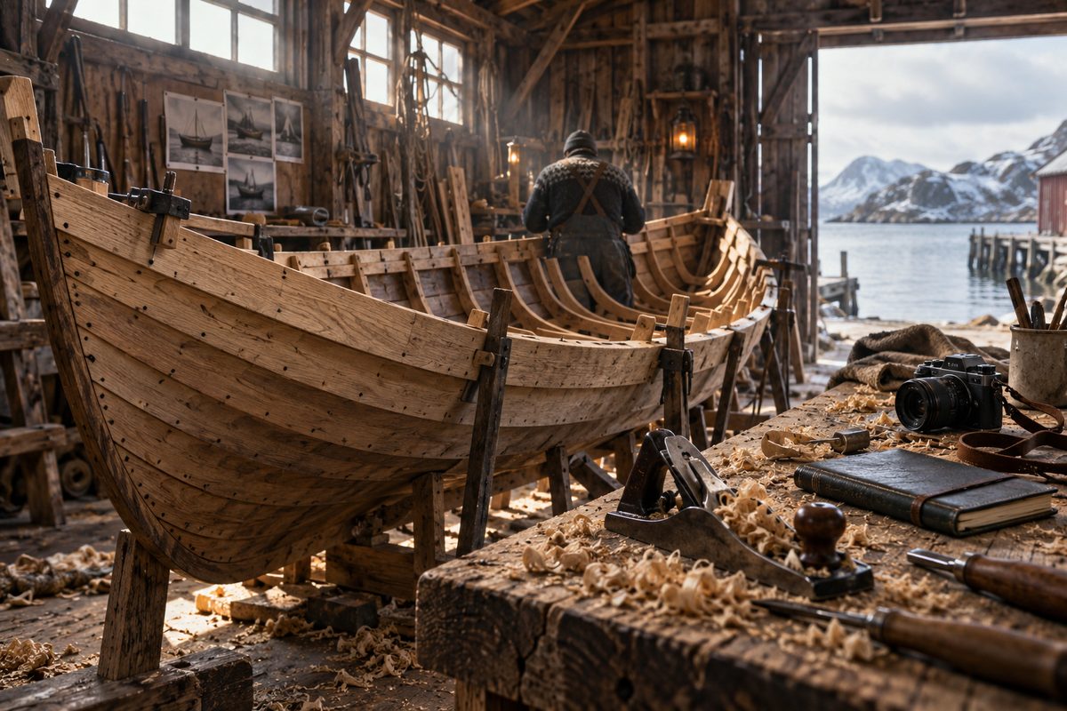 En trebåt under bygging fyller den gamle båtboden, med høvel og spon på benken og en håndverker ved skroget.