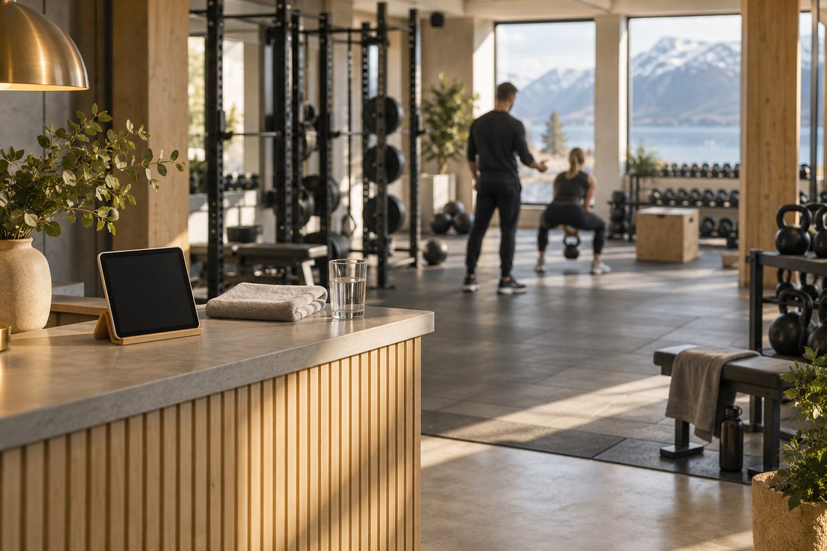 Ved resepsjonen i et lyst treningssenter står et nettbrett og håndklær, mens en PT følger opp et medlem ved frivektene.