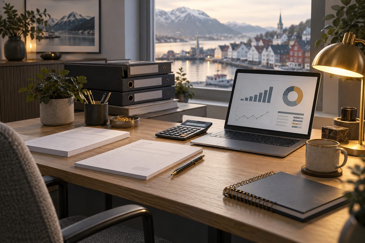 Et ryddig regnskapskontor med laptop med diagrammer, blanke bilag, mapper og kalkulator ved vindu mot norsk fjordby.