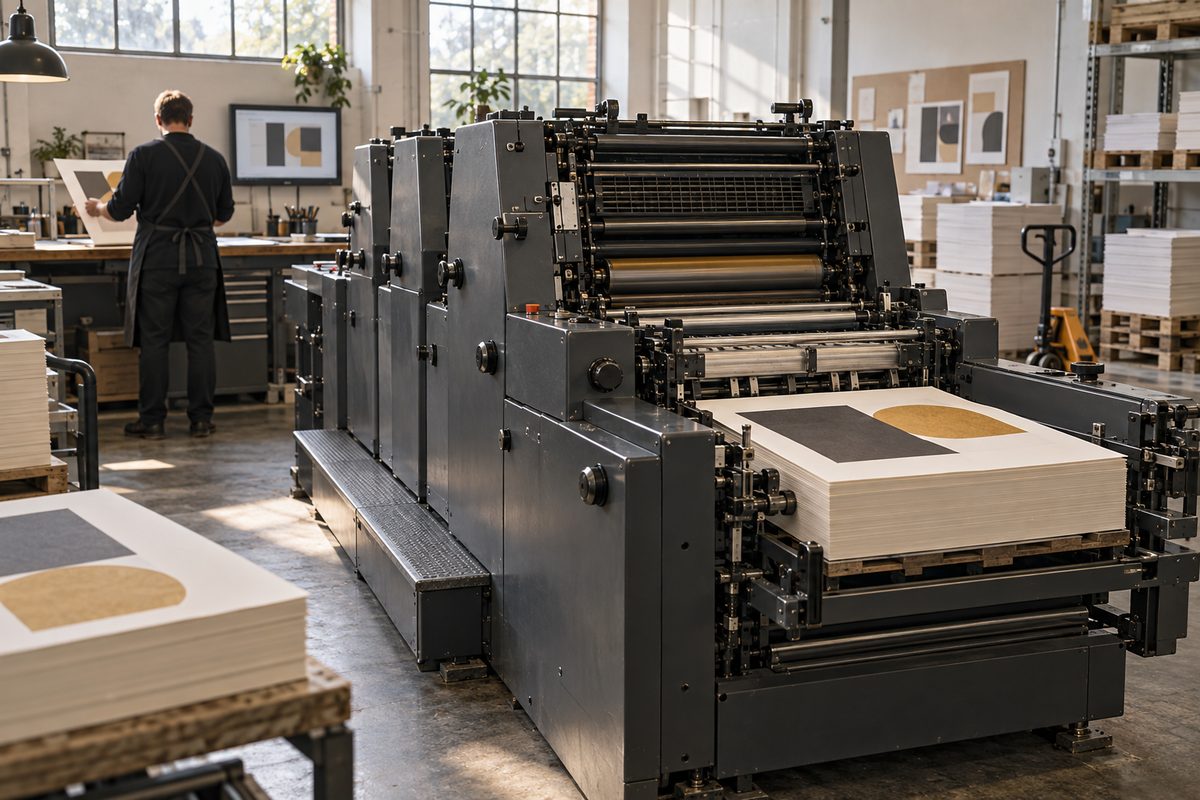 En stor trykkpresse med stabler av ark med geometriske motiver, mens en medarbeider kontrollerer et trykk i bakgrunnen.