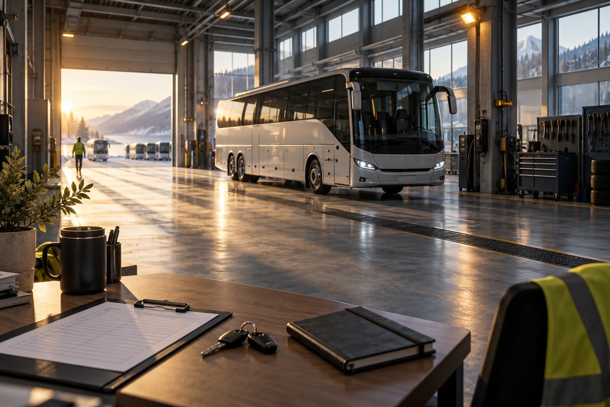En hvit turbuss står i et lyst bussdepot ved et skrivebord med blank vaktliste, nøkler og loggbok.