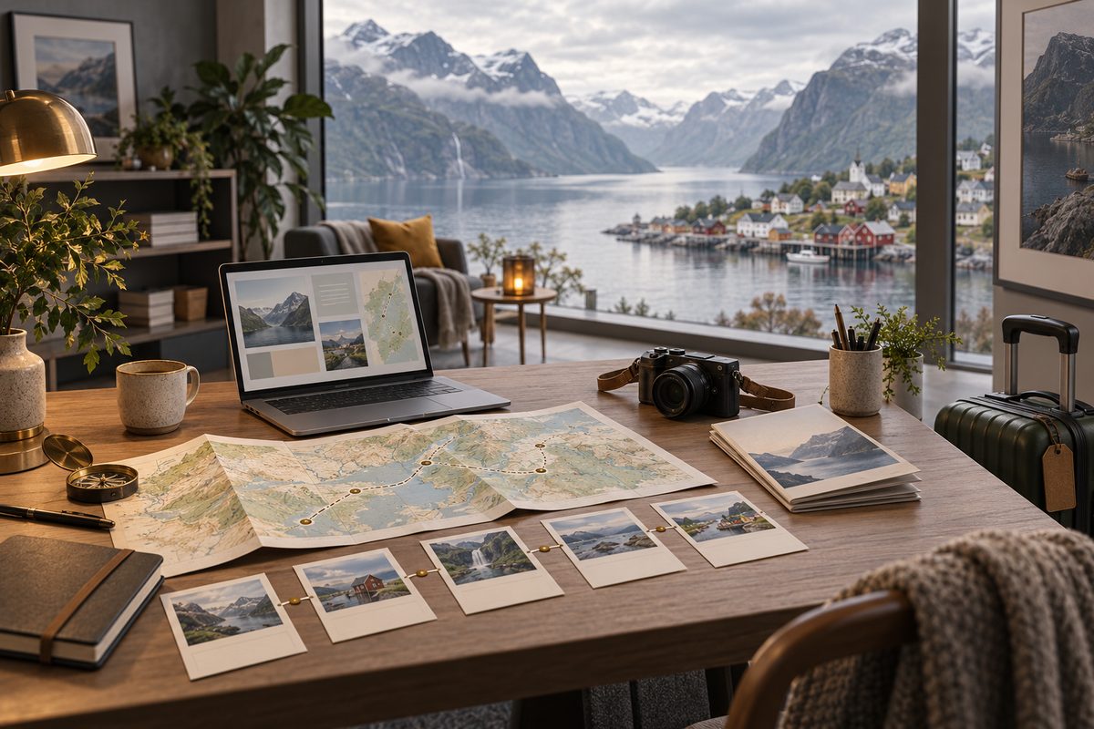 Reisekart, rutekort og små landskapsbilder ligger ved laptop og koffert foran et vindu mot norsk fjord.