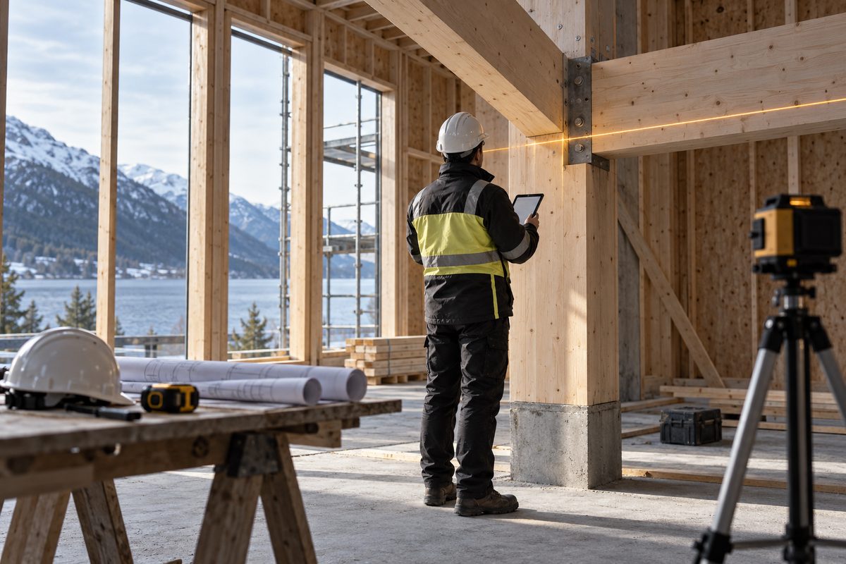 En kontrollør sett bakfra måler en trebjelke med laser i et uferdig bygg, med tegninger og hjelm på arbeidsbenken.