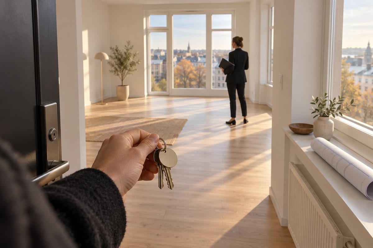 En hånd holder et nøkkelknippe i døråpningen til en lys leilighet, der en megler klargjør rommet for visning.