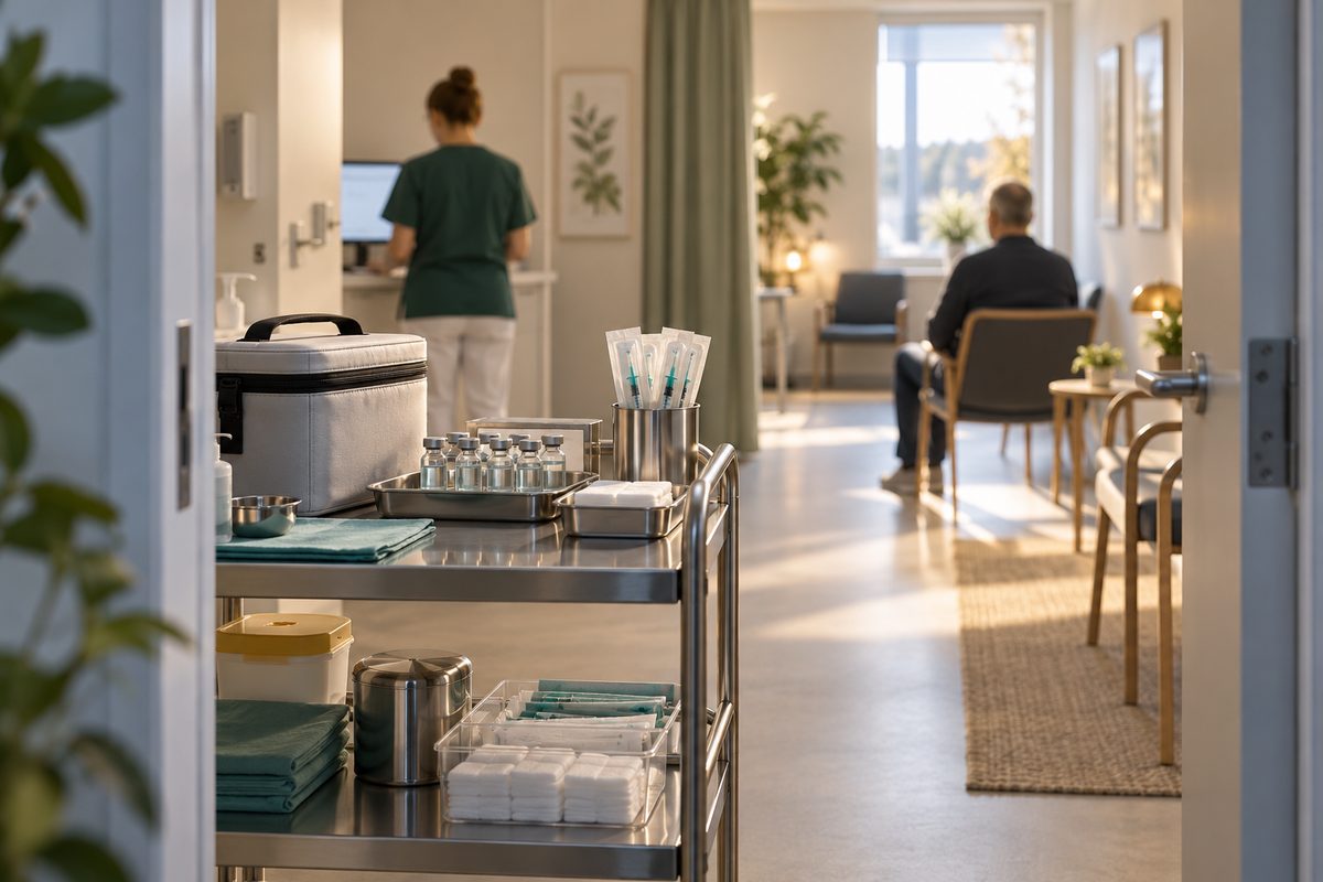 Et klargjort trillebord med vaksineglass, bandasjer og kjølebag står i forgrunnen av et lyst klinikkrom med ventende pasient.