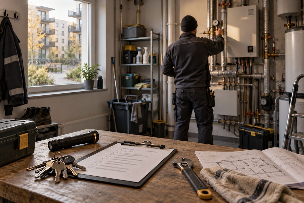 En driftstekniker med ryggen til kontrollerer rør i et teknisk rom, mens verktøy, nøkler og plantegning ligger på arbeidsbenken.