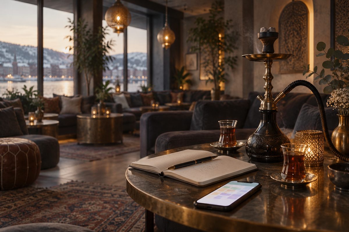 Et vannpipebord med hookah, teglass, åpen bookingbok og lysende telefon står foran kafeens sittegrupper.